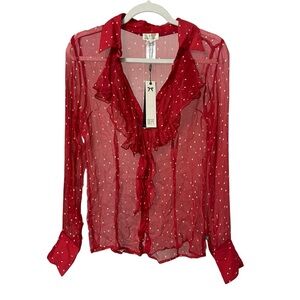 Vintage 80s red sheer chiffon ruffle button up blouse hearts valentines size M